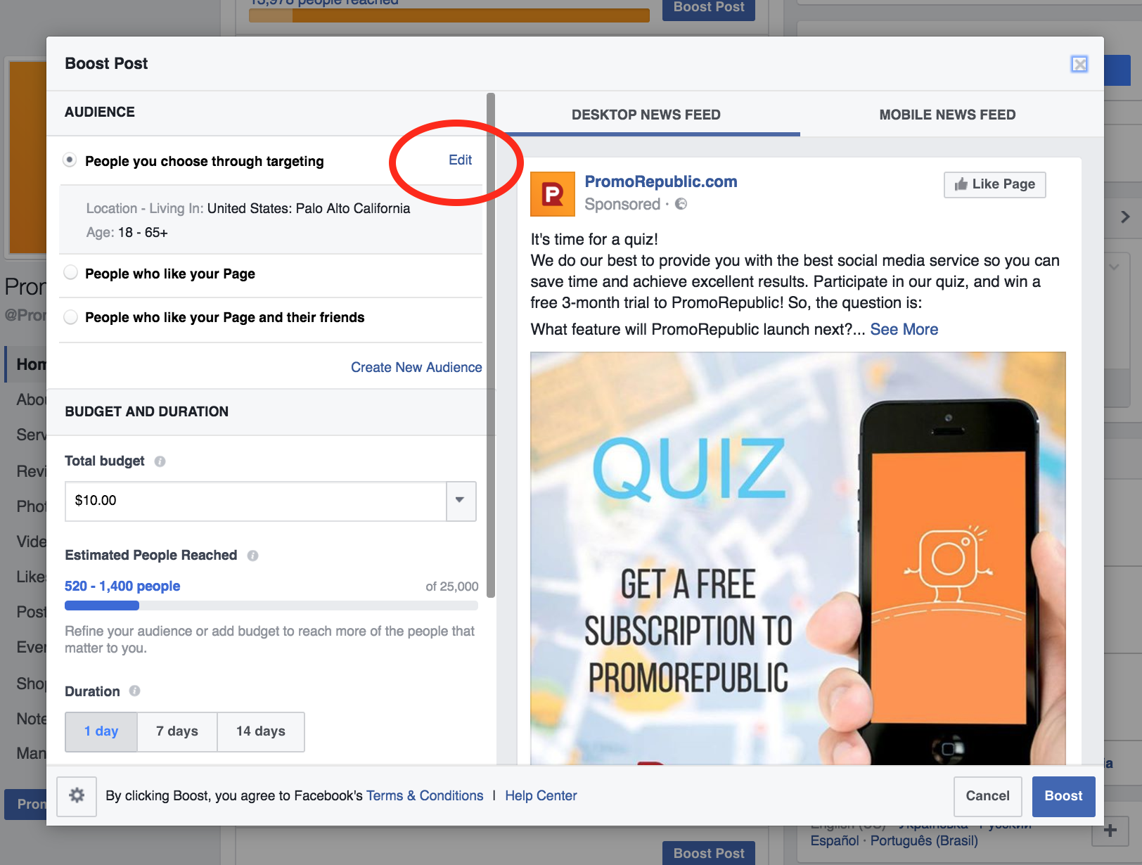 how to choose audience for post boost on Facebook