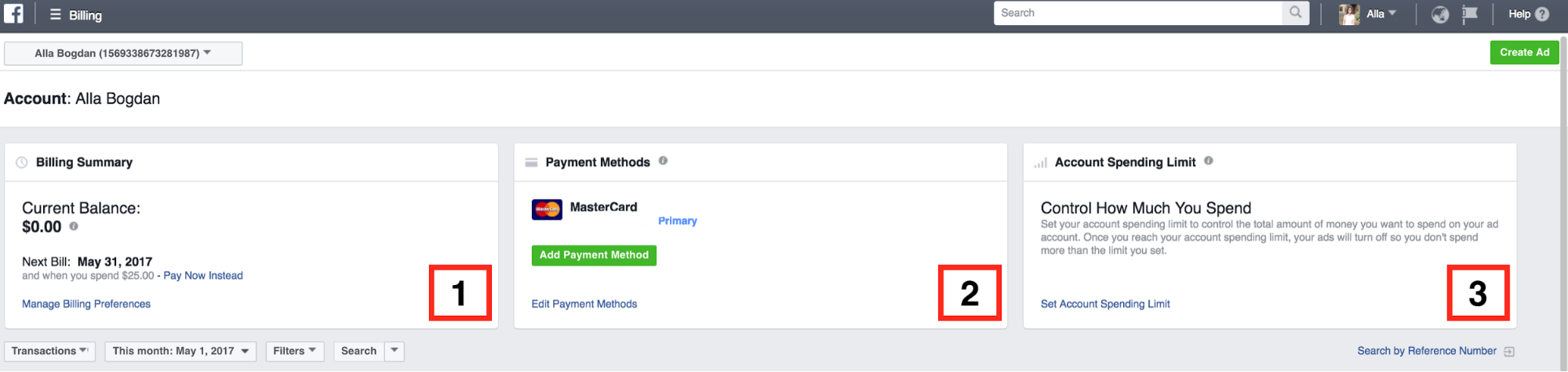 Facebook Ads billing and payment example