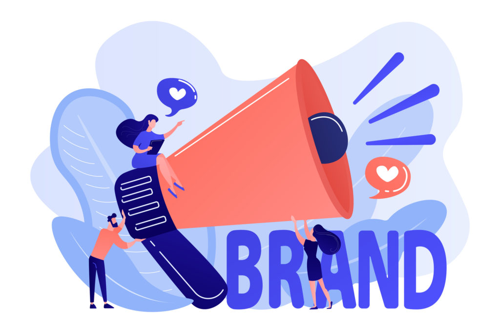 Marketers with megaphone conducting brand awareness campaign. Brand awareness, product research result, marketing survey metrics concept. Living coral bluevector isolated illustration