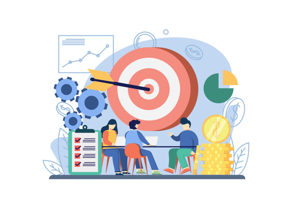 Business strategy concept. people discuss business strategy with big target. Business idea, strategy and solution, problem solving, decision making. Graphic design for web, mobile apps, banner.