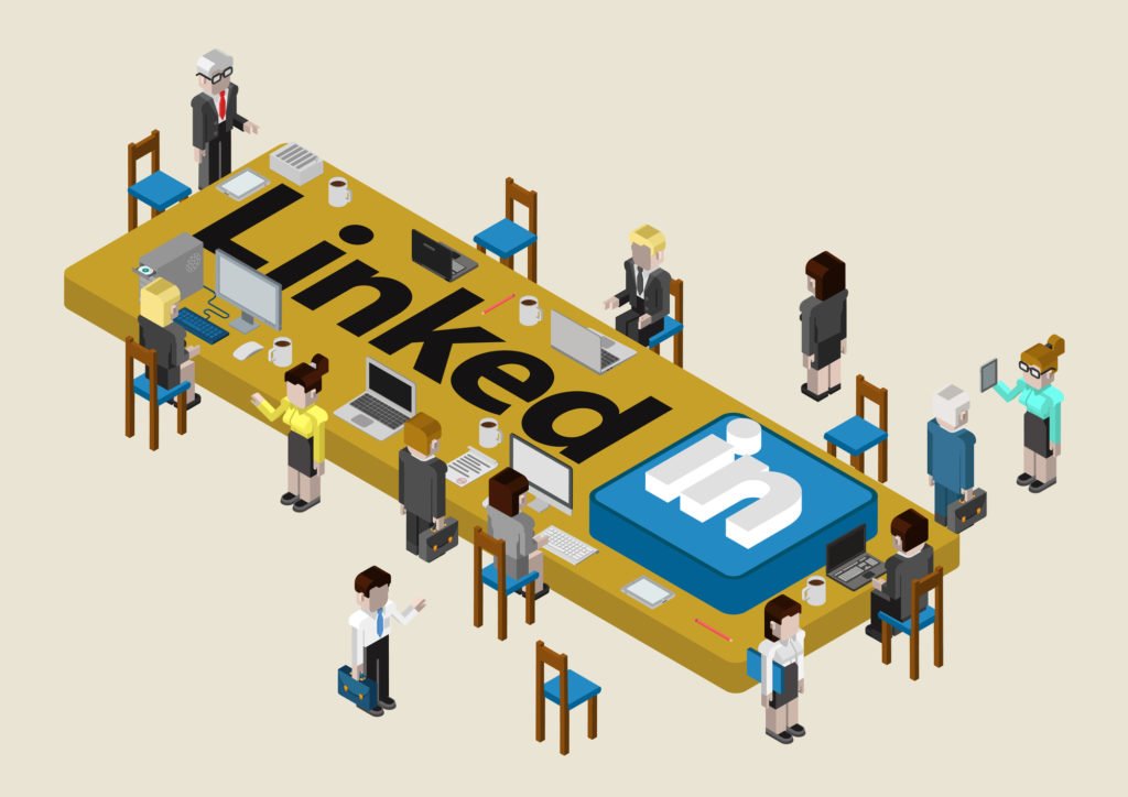 Flat style isometric vector illustration concept of Linked In professional social network media. Conference room table with logo and business people around it.